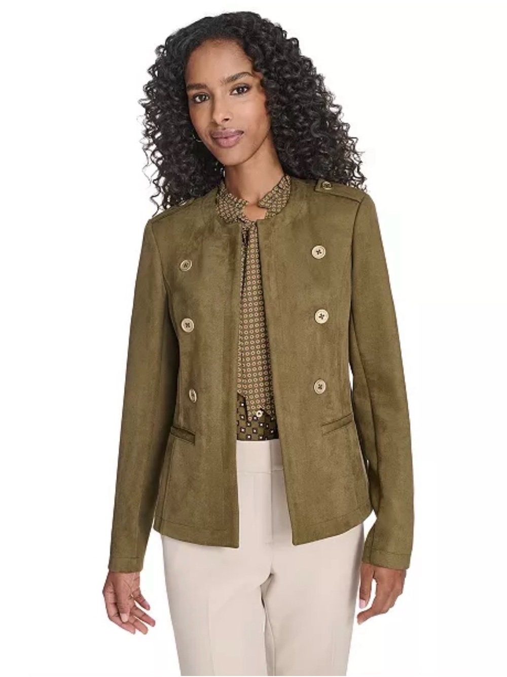 Tommy Hilfiger Olive Double-Breasted Collarless Blazer Size M NWT